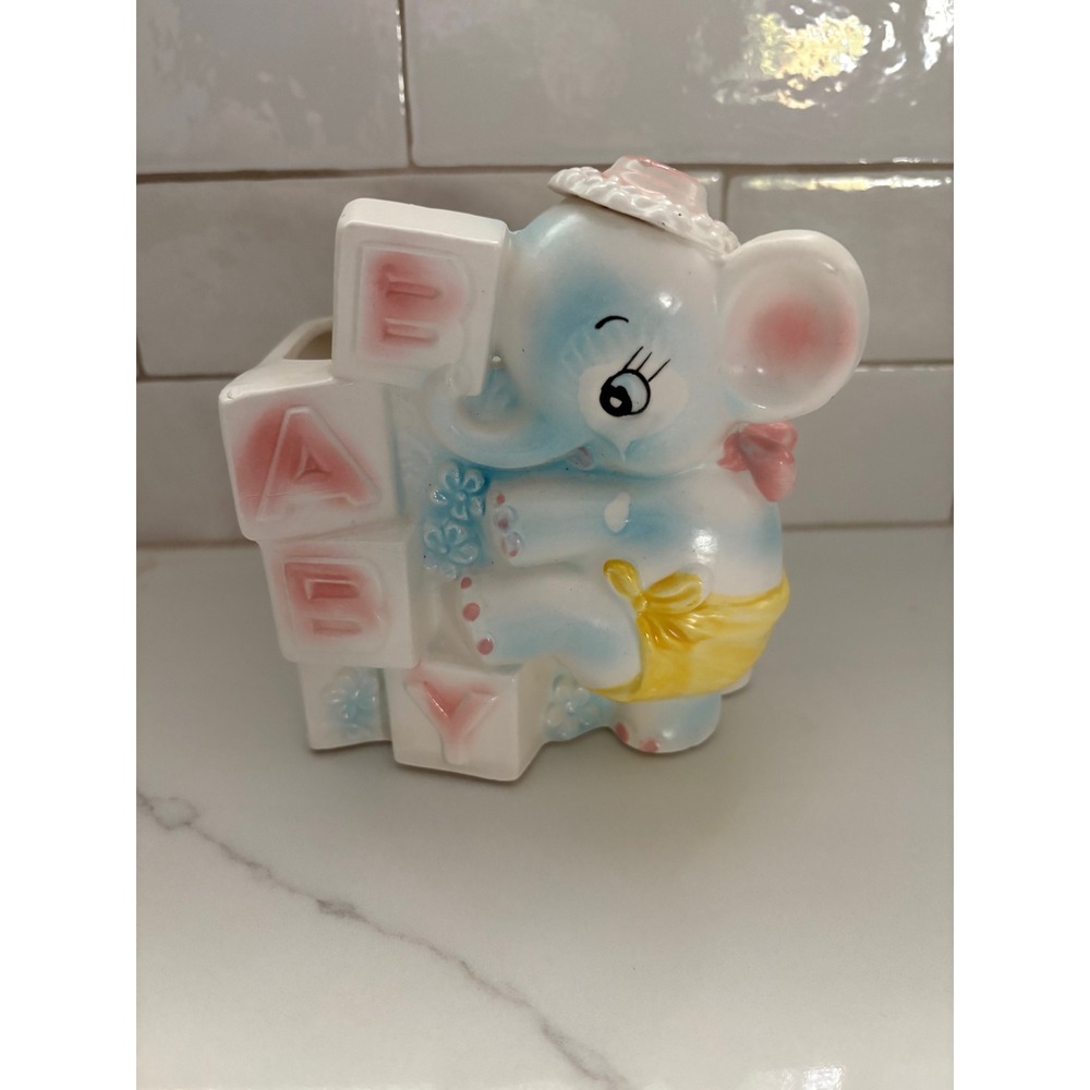 Vintage Ceramic Elephant Baby Blocks Planter Pot‎ Nursery Decor